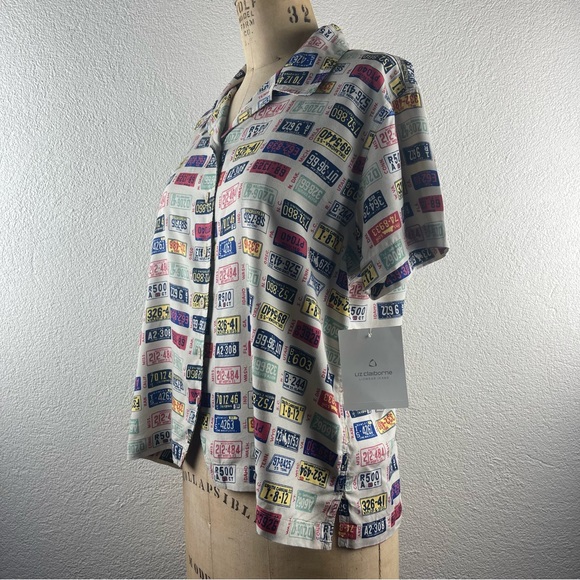 Vintage l 90s L Liz Claiborne Novelty USA State License Plates Loop Collar Shirt - Picture 4 of 14